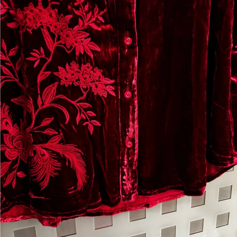 Johnny Was Burgundy Velvet Embroidered Peacock Button Down Blouse S NWT Boho - Picture 8 of 11